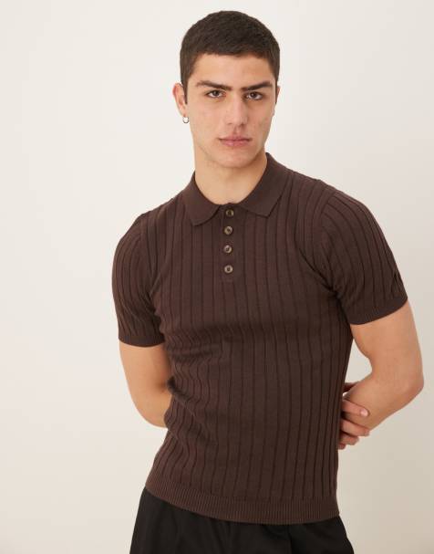 ASOS DESIGN – Brun, ribbstickad t-shirt i muscle fit - view 1