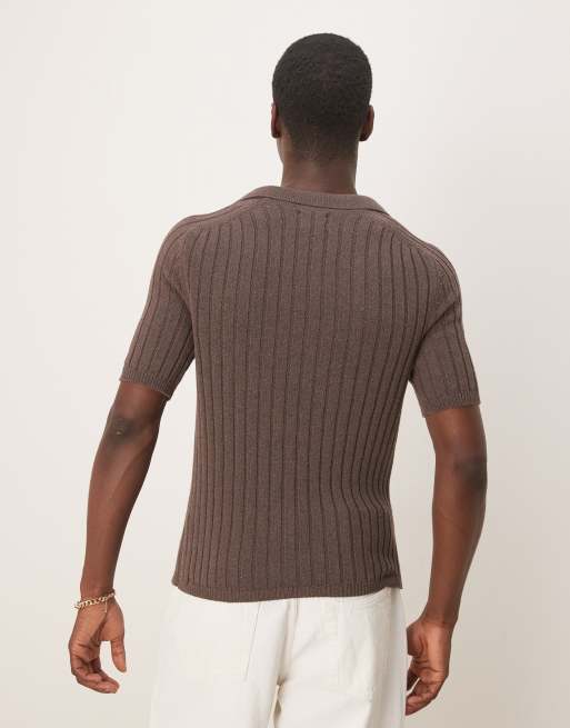 ASOS DESIGN - Brun ribstrikket tætsiddende poloskjorte i firkantet pasform, 2 af 4