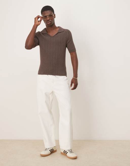 ASOS DESIGN - Brun ribstrikket tætsiddende poloskjorte i firkantet pasform, 4 af 4