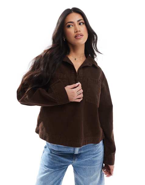 ASOS DESIGN – Brun rugbytröja i manchester och denim - view 1