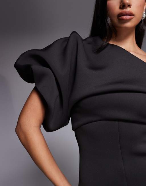 ASOS DESIGN – Brun, rynkad och enaxlad maxiklänning i scubaliknande tyg, 2 av 4