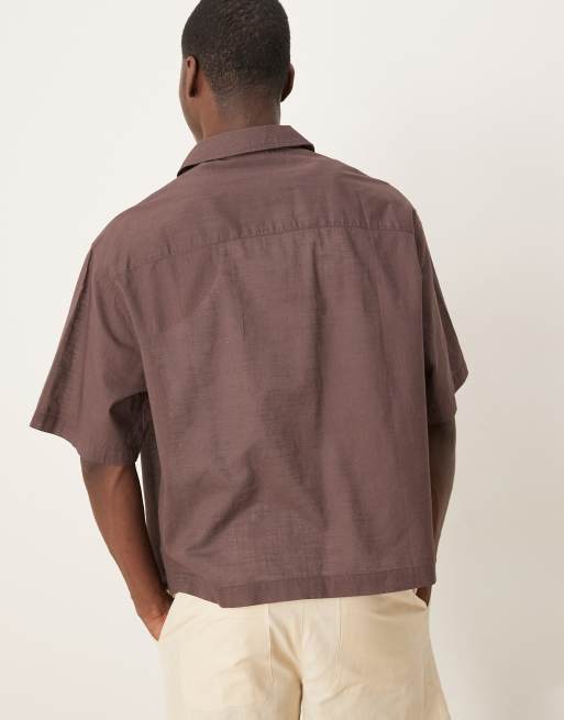ASOS DESIGN – Brun skjorta i linnestil och dra på-modell med boxig oversize-passform, 3 av 4