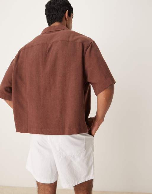 ASOS DESIGN – Brun skjorta i oversize med boxig passform och platt krage i linnemix, 3 av 4