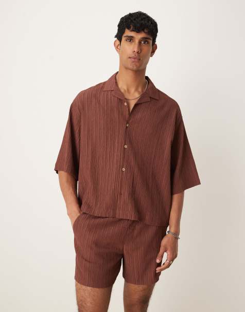 ASOS DESIGN – Brun skjorta i oversize med textur, boxig passform och platt krage, del av set - view 1