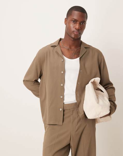 ASOS DESIGN – Brun skjorta med platt krage och boxig passform, del av set - view 1