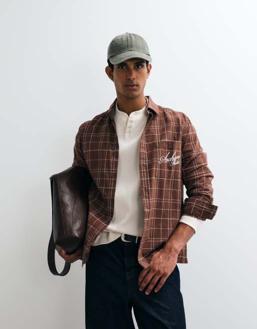 ASOS DESIGN - Brun skjorte med broderi på brystet og tern i regular fit, 2 af 5