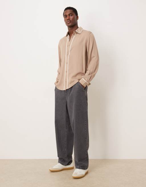 ASOS DESIGN - Brun skjorte med kontrasterende bånddetaljer i regular fit, 2 af 5