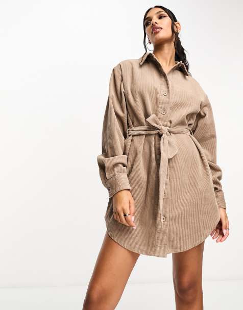 ASOS DESIGN - Brun skjortekjole med bælte i fløjl - view 1