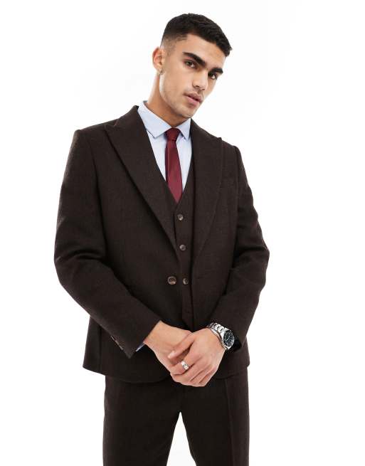 ASOS DESIGN - Brun slim fit-habitjakke i twill-uldblanding
