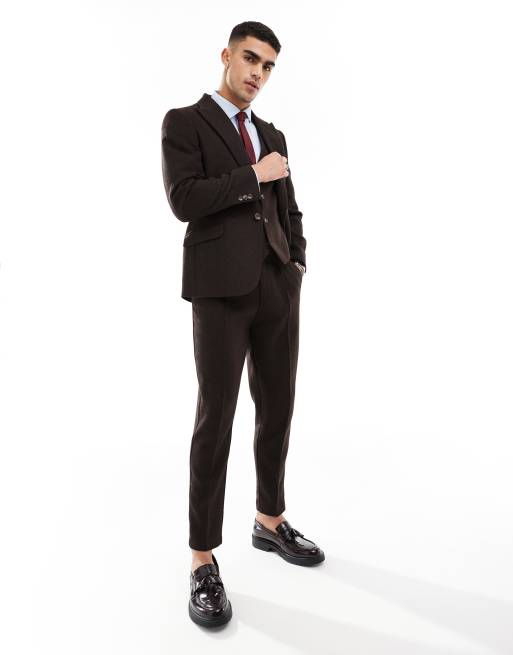 ASOS DESIGN – Brun, smal kostym i ylleblandad twill