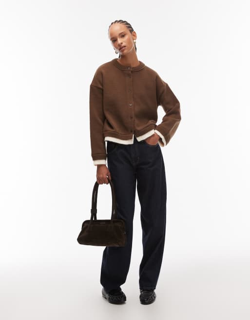 ASOS DESIGN – Brun, stickad kofta i oversize med två lager, 2 av 4