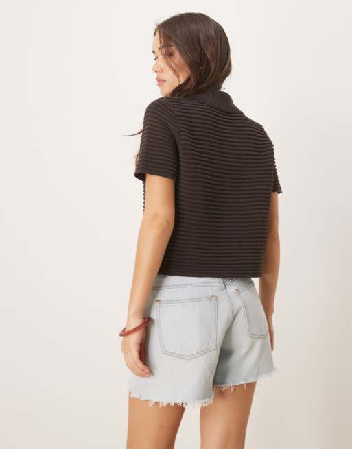 ASOS DESIGN – Brun, stickad kofta med korta ärmar och snäckformade knappar, 3 av 4