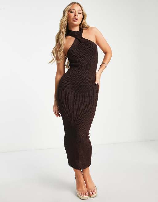 ASOS DESIGN – Brun stickad maxiklänning med snurrad knut framtill och metalliskt garn, 4 av 4