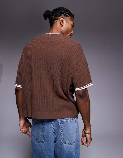 ASOS DESIGN – Brun, stickad t-shirt i oversize med krämvita detaljer, 3 av 5