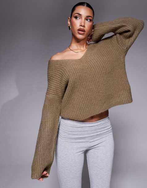 ASOS DESIGN – Brun, stickad tröja i oversize med v-ringning - view 1