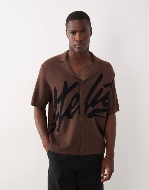 ASOS DESIGN – Brun, stickad tröja i oversized fit med platt krage, knappar och tryck - view 1