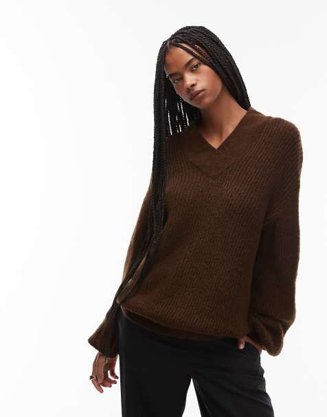 ASOS DESIGN – Brun, stickad tröja i oversized fit med v-ringning - view 1