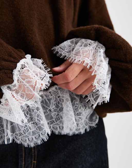 ASOS DESIGN – Brun, stickad tröja med ballongfåll och spetskant, 3 av 4