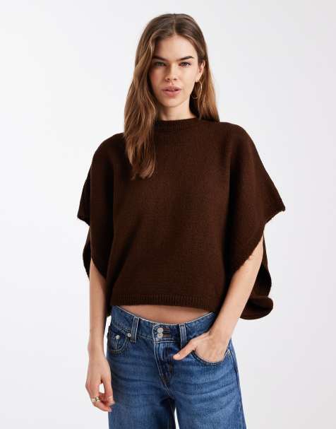 ASOS DESIGN – Brun stickad tröja med cape - view 1