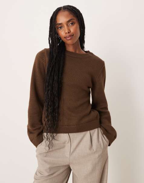 ASOS DESIGN – Brun, stickad tröja med rund halsringning och midjeknytning - view 1