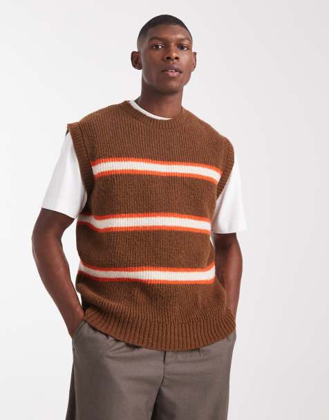 ASOS DESIGN - Brun strikket afslappet vest med orange striber - view 1