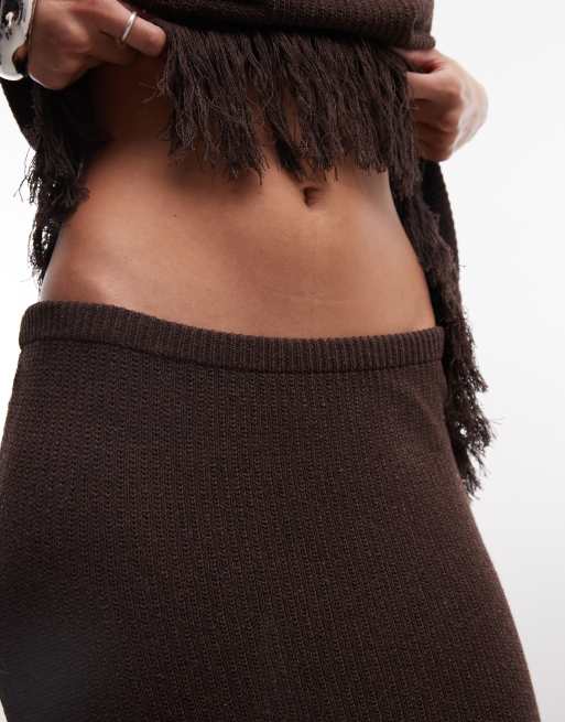 ASOS DESIGN - Brun strikket asymmetrisk nederdel med frynser - Del af sæt, 5 af 5