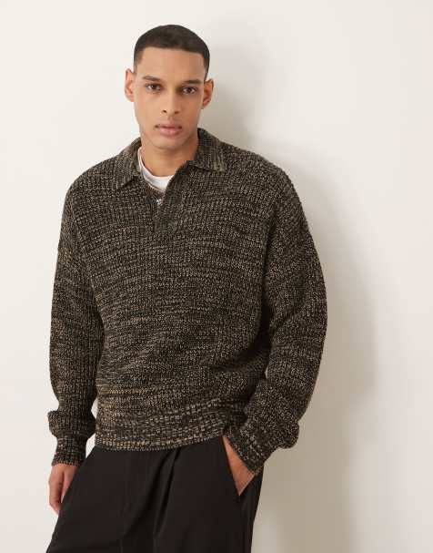 ASOS DESIGN - Brun strikket oversized polo med trykknapper i firkantet pasform - view 1