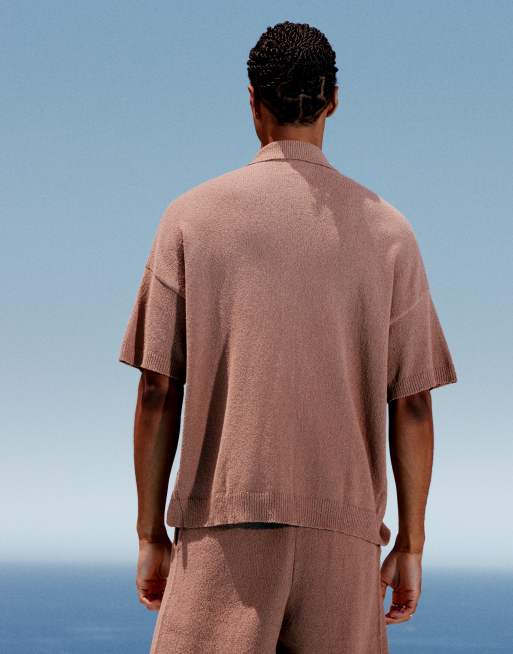 ASOS DESIGN - Brun strikket oversized poloskjorte med tekstur og gennemgående knapper - Del af sæt , 2 af 4