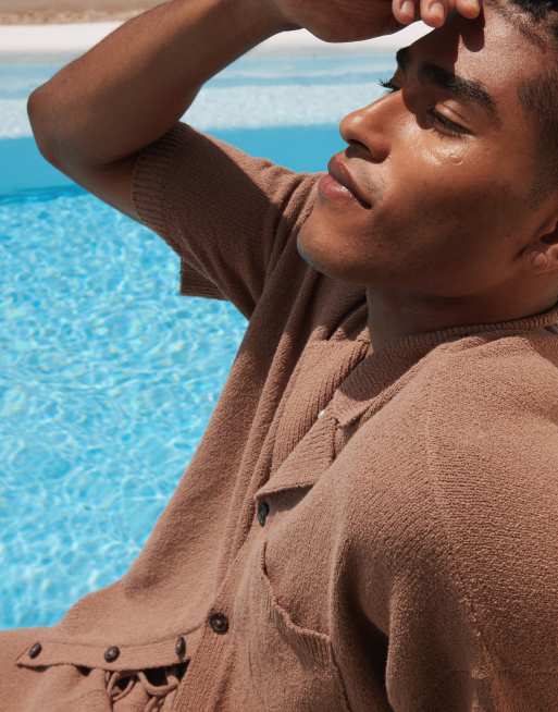 ASOS DESIGN - Brun strikket oversized poloskjorte med tekstur og gennemgående knapper - Del af sæt , 3 af 4