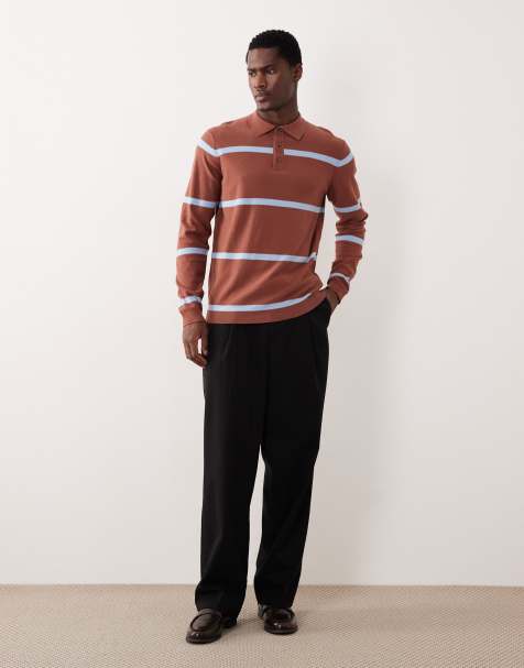ASOS DESIGN - Brun strikket poloskjorte med lange ærmer og brune/blå striber - view 1