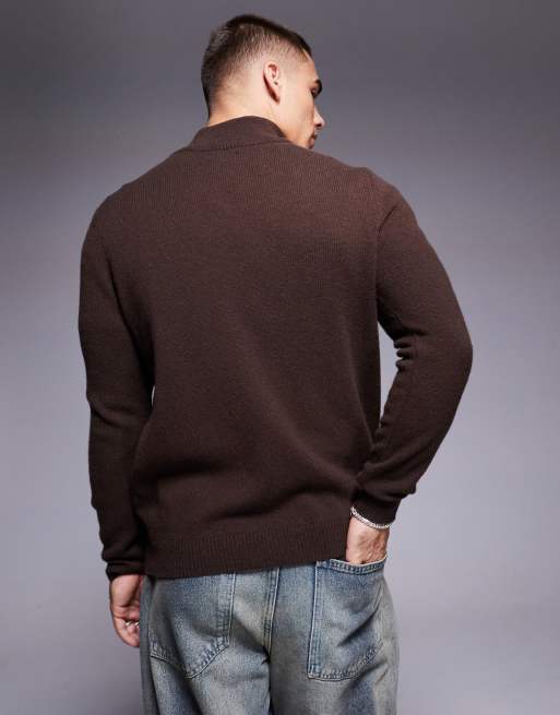 ASOS DESIGN - Brun strikket trøje med kvart lynlås i lammeuld, 3 af 4