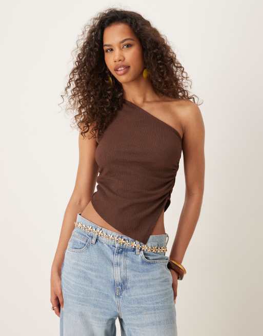 ASOS DESIGN – Brun, strukturerad, enaxlad topp med rynkning