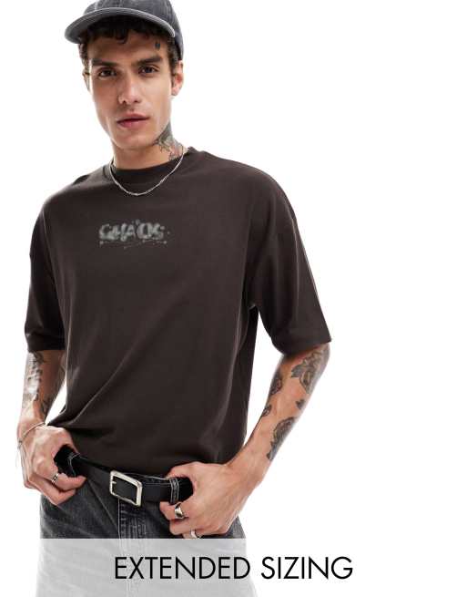 ASOS DESIGN – Brun strukturerad t-shirt i boxig oversize-passform med tryck framtill