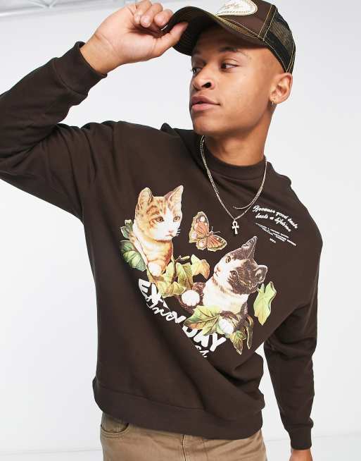ASOS DESIGN – Brun sweatshirt i oversize med fotografiska katt-tryck