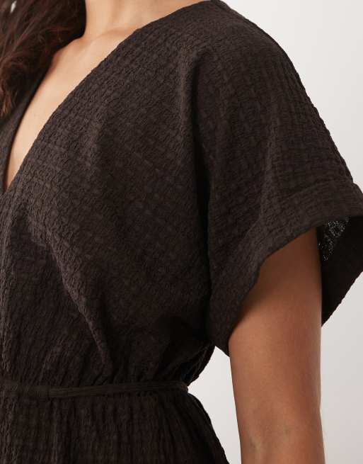ASOS DESIGN - Brun swing-midikjole i tekstureret jersey, 3 af 4