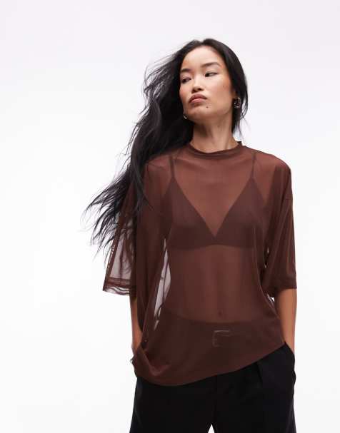 ASOS DESIGN - Brun T-shirt med vandfaldsdesign i mesh i firkantet pasform - view 1