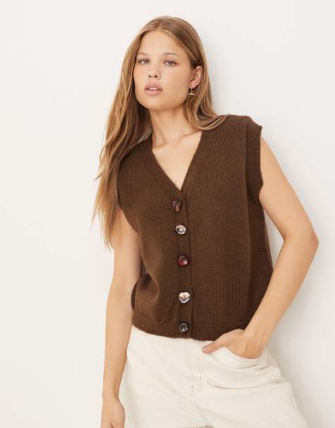 ASOS DESIGN - Brun tanktop i vamset strik med knapper i resin - view 1
