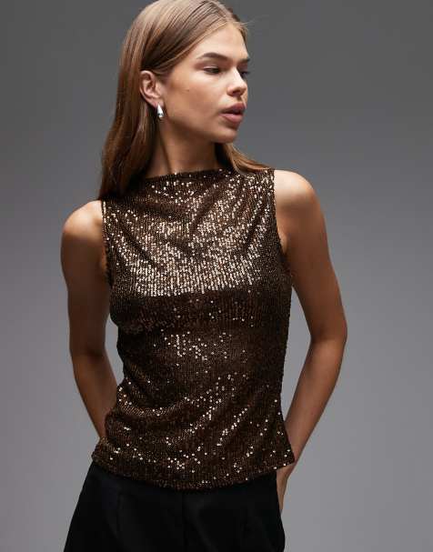 ASOS DESIGN - Brun tanktop med pailletter og bådudskæring - view 1