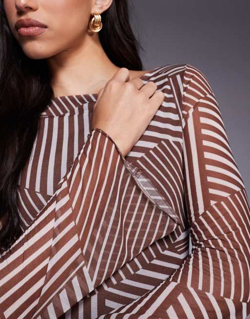 ASOS DESIGN - Brun top med bådudskæring, svaj i ærmerne og striber i mesh, 3 af 4