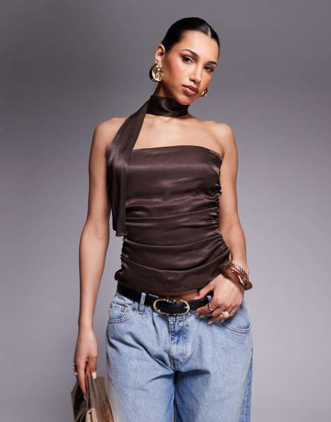ASOS DESIGN - Brun top med bindedetalje i halsen i satin - view 1