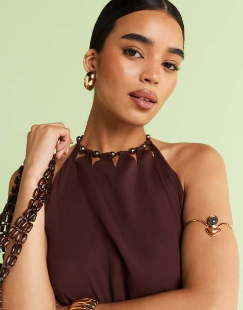ASOS DESIGN - Brun top med halterneck og perledetaljer - Del af sæt - view 1