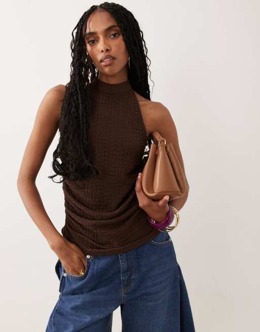 ASOS DESIGN - Brun top med halterneck, rynkede sider og tekstur - Del af sæt, 2 af 4