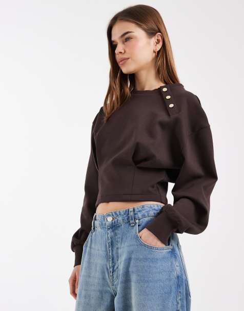 ASOS DESIGN - Brun top med kravedetalje, lange ærmer og knapdetalje - view 1