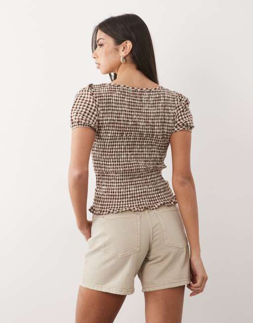 ASOS DESIGN - Brun top med pufærmer, rynker og gingham-tern, 3 af 4