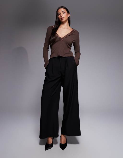 ASOS DESIGN - Brun top med ærmer med svaj, blondekanter og bindedetalje i blød ribstrik, 4 af 4