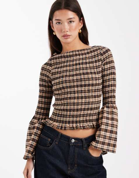 ASOS DESIGN - Brun top med rynker, engleærmer og tern - view 1