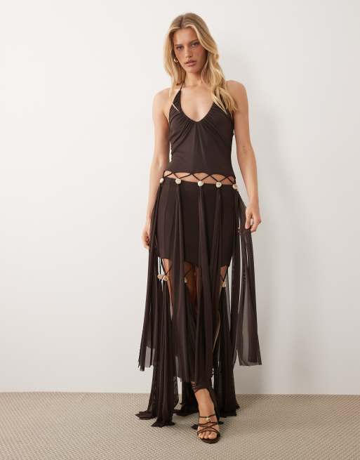 ASOS DESIGN – Brun topp i mesh med fransar och pärlor, 2 av 4