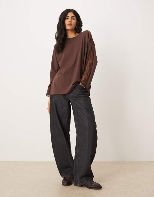 ASOS DESIGN – Brun topp i oversize med långa ärmar och spetskant, 2 av 4