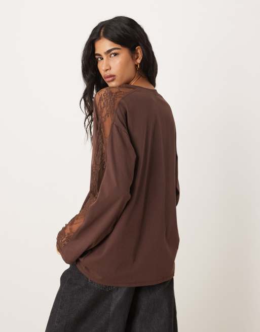 ASOS DESIGN – Brun topp i oversize med långa ärmar och spetskant, 3 av 4