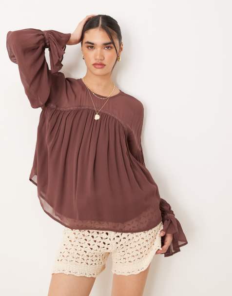 ASOS DESIGN – Brun topp med långa ärmar, skirt ok och volym - view 1